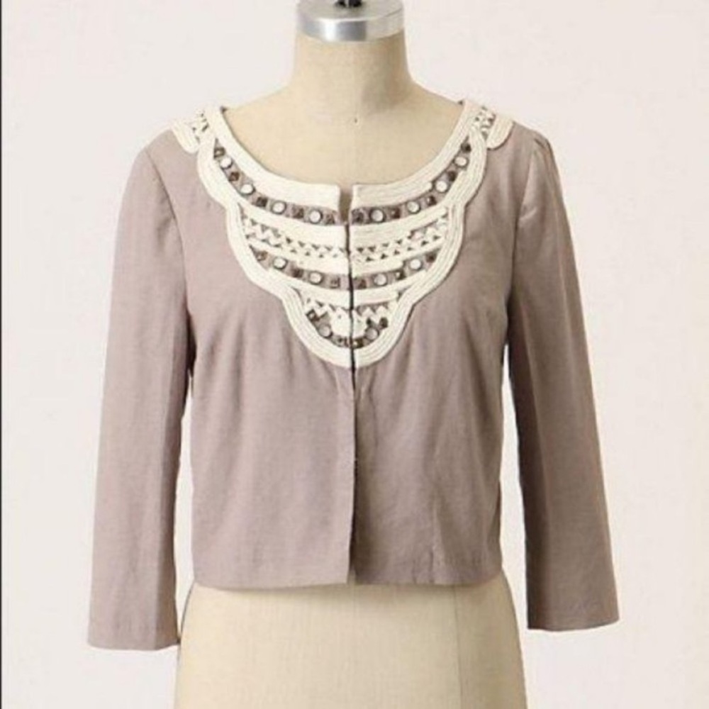 Anthropologie Griege Linen Cropped Jacket/Blazer with Embellished Details. Small